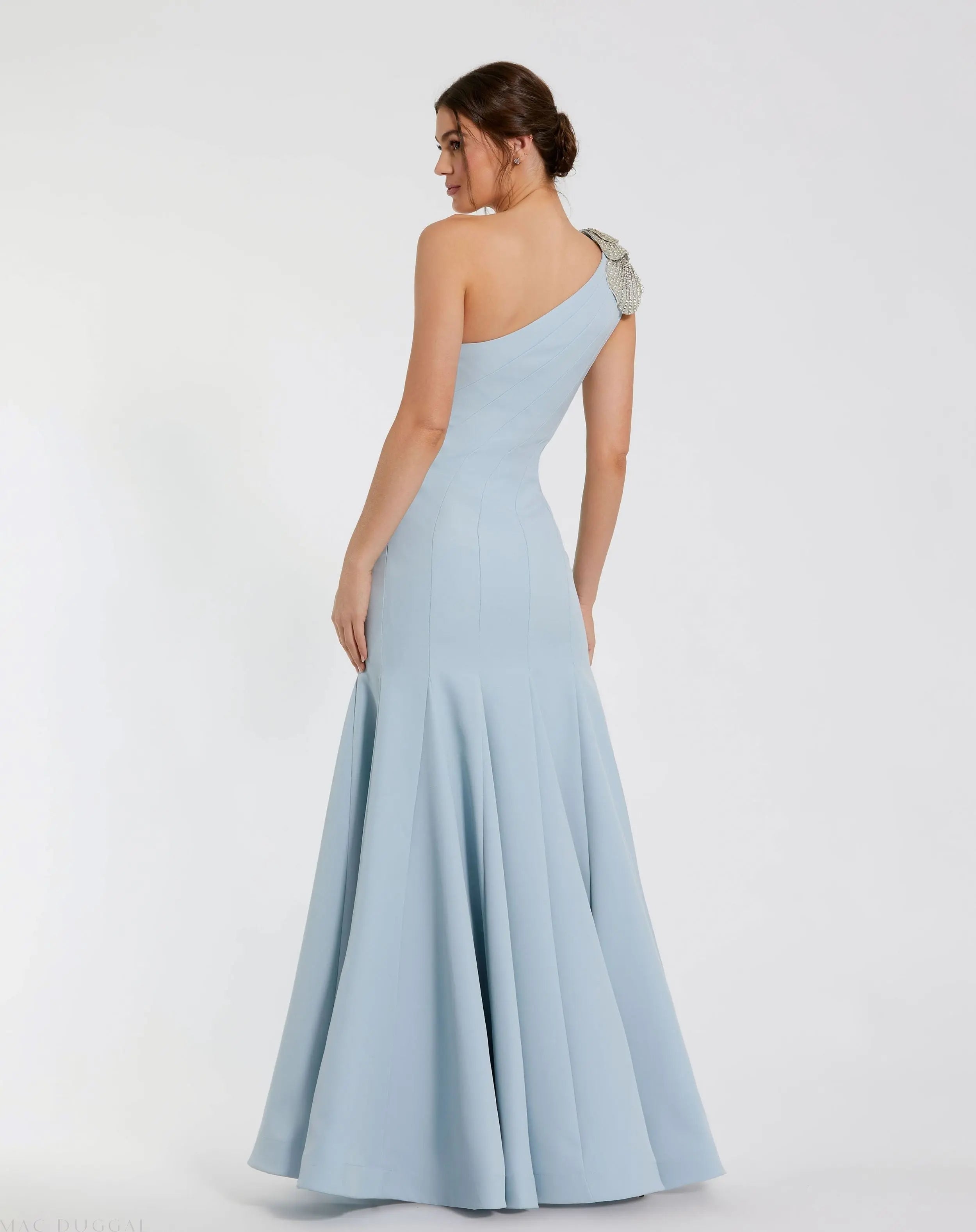 Blue Crepe One Shoulder Gown With Crystal Flower