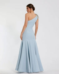 Blue Crepe One Shoulder Gown With Crystal Flower