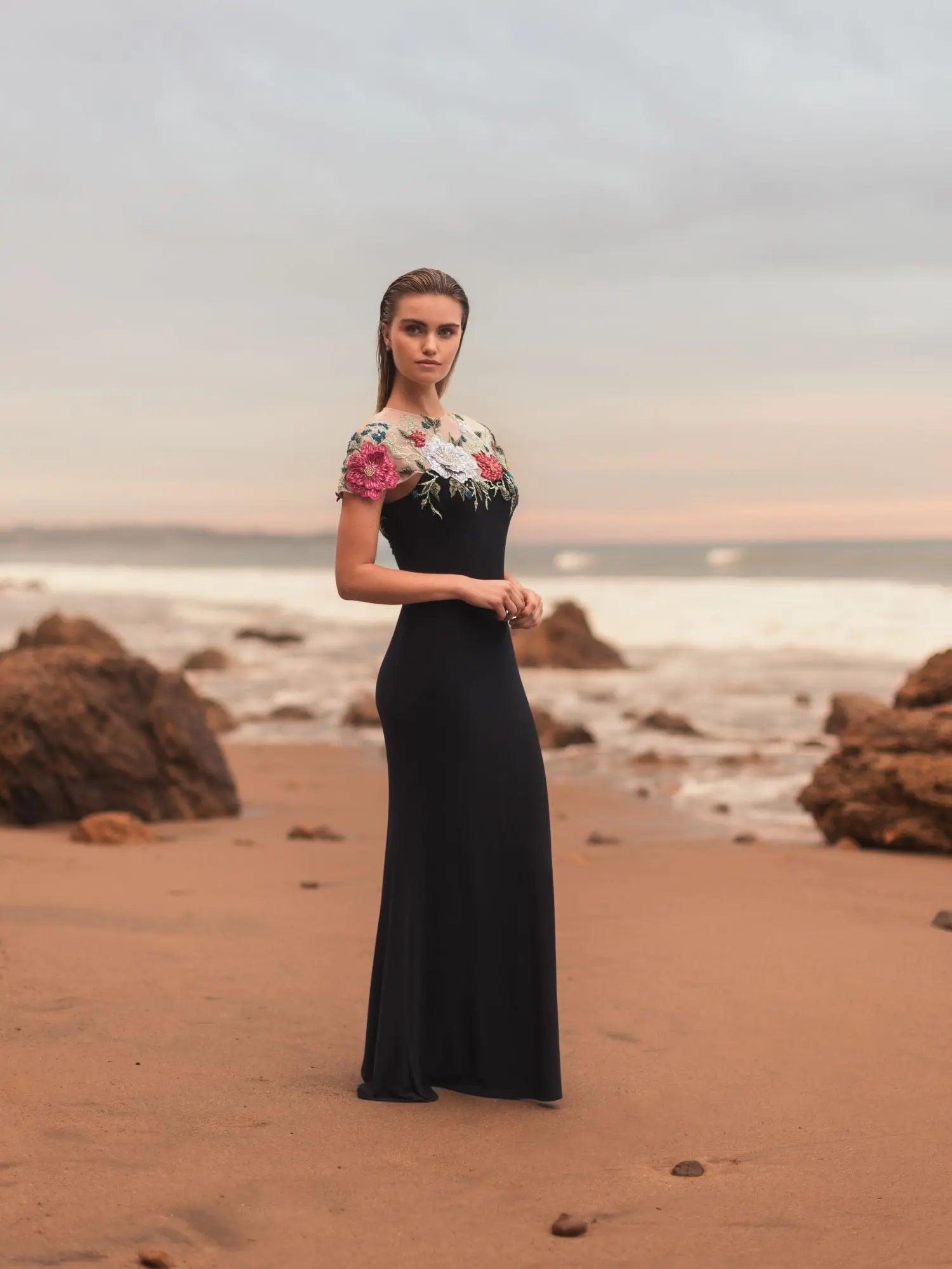 Black Floral Embellished Jersey Column Gown