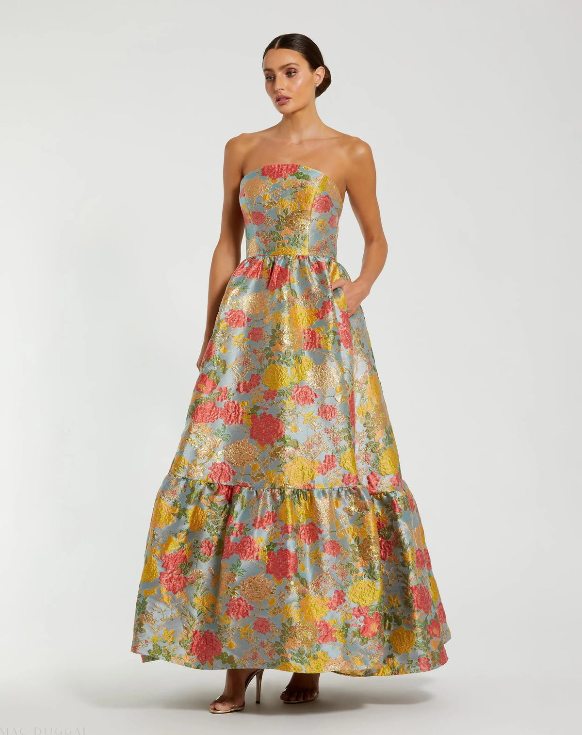 Multicolor Strapless Floral Brocade Dress with Ruffles