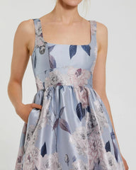 Blue Floral Printed Satin Gown with Pockets