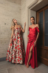 Red Satin Off The Shoulder Crossover Gown
