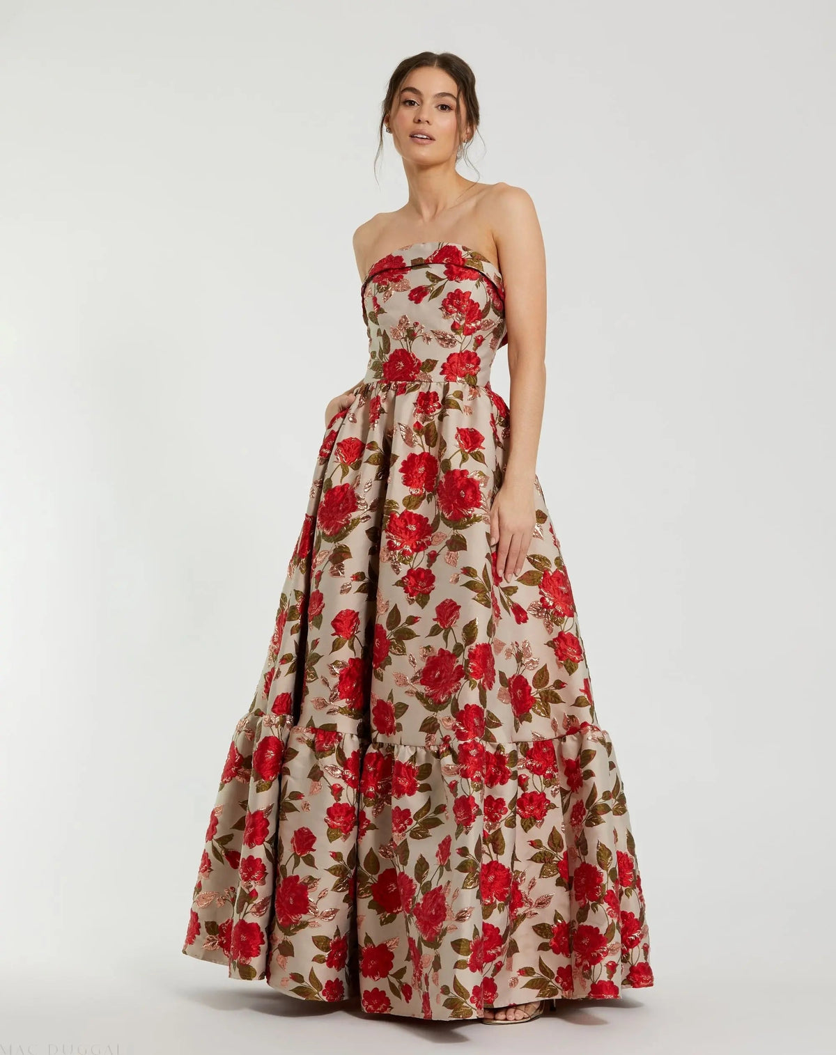 Multicolor Brocade Strapless Floral Gown With Ruffle Hem