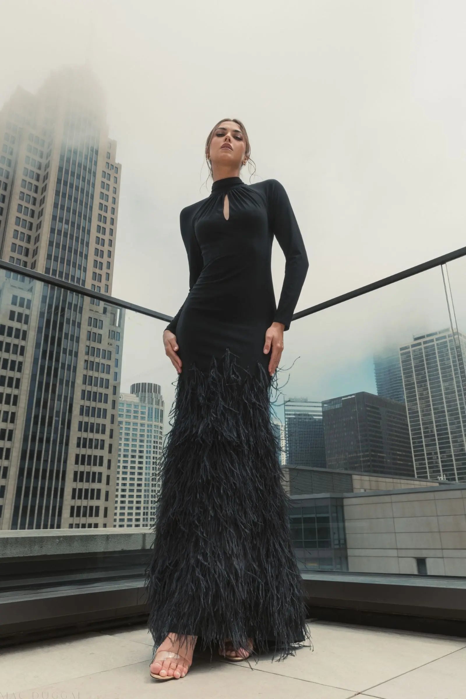 Black Jersey Long Sleeve High Neck Feather Gown