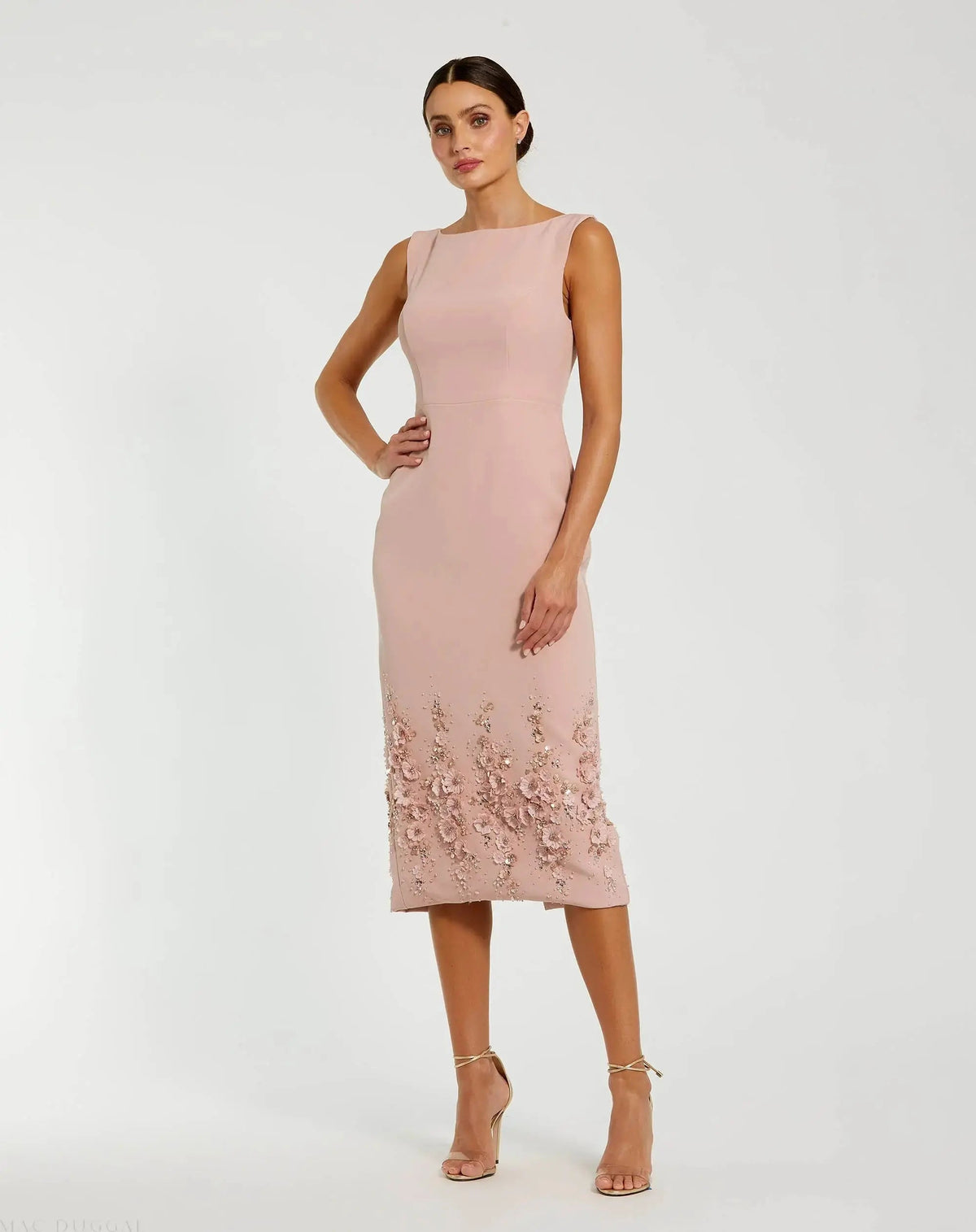 Pink Crepe Sleeveless Midi Dress With Flower Beading