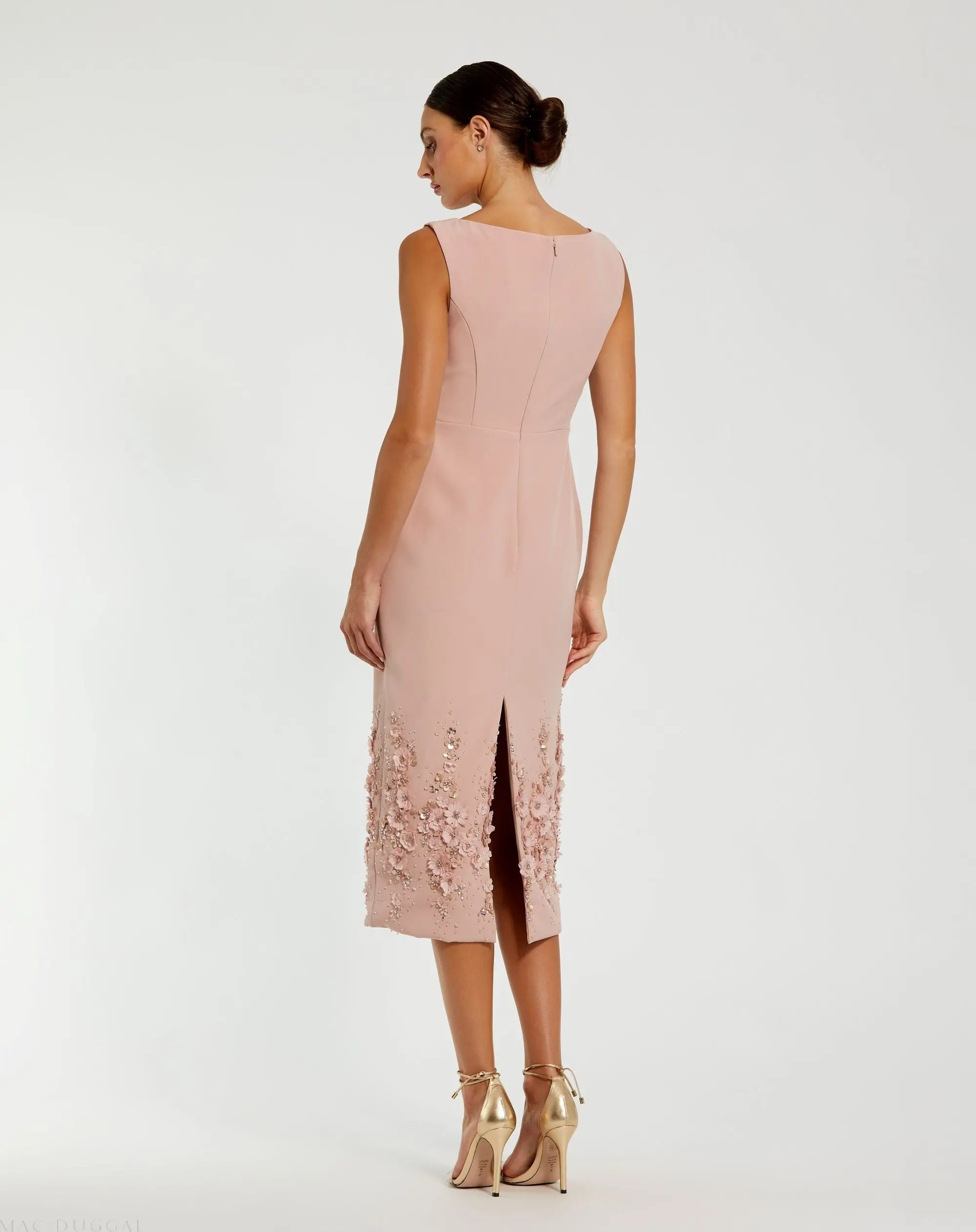 Pink Crepe Sleeveless Midi Dress With Flower Beading
