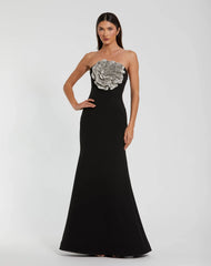 Strapless Crepe Trumpet Gown with 3D Rhinestone Flower