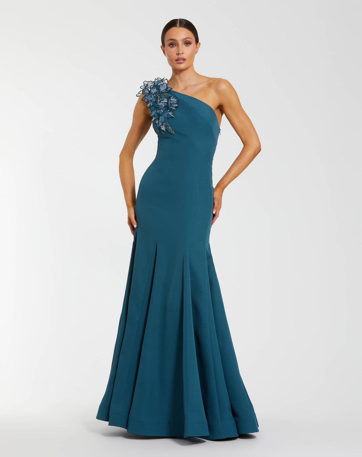 Blue One Shoulder Mermaid Gown with 3D Flowers
