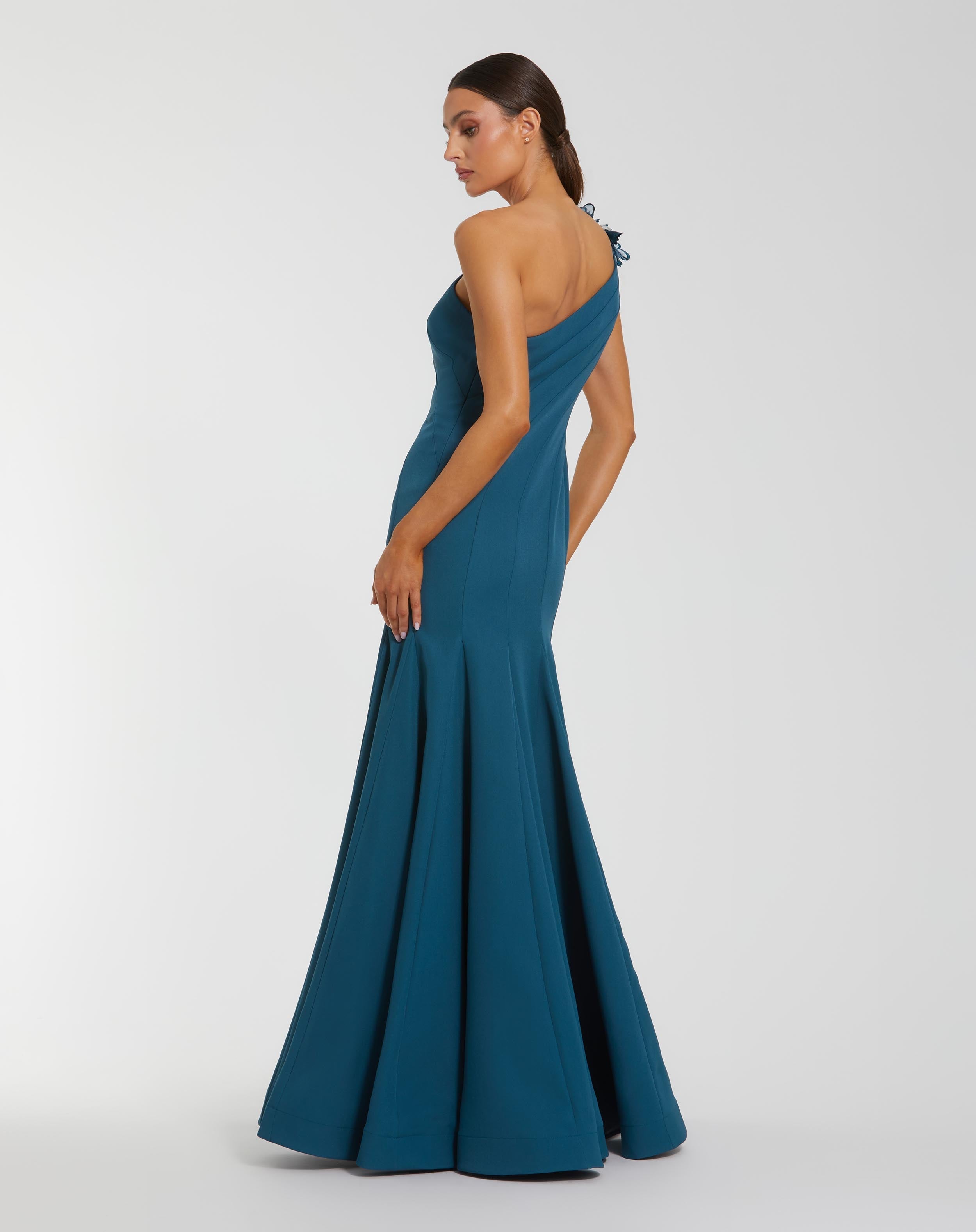 Blue One Shoulder Mermaid Gown with 3D Flowers