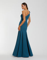 Blue One Shoulder Mermaid Gown with 3D Flowers