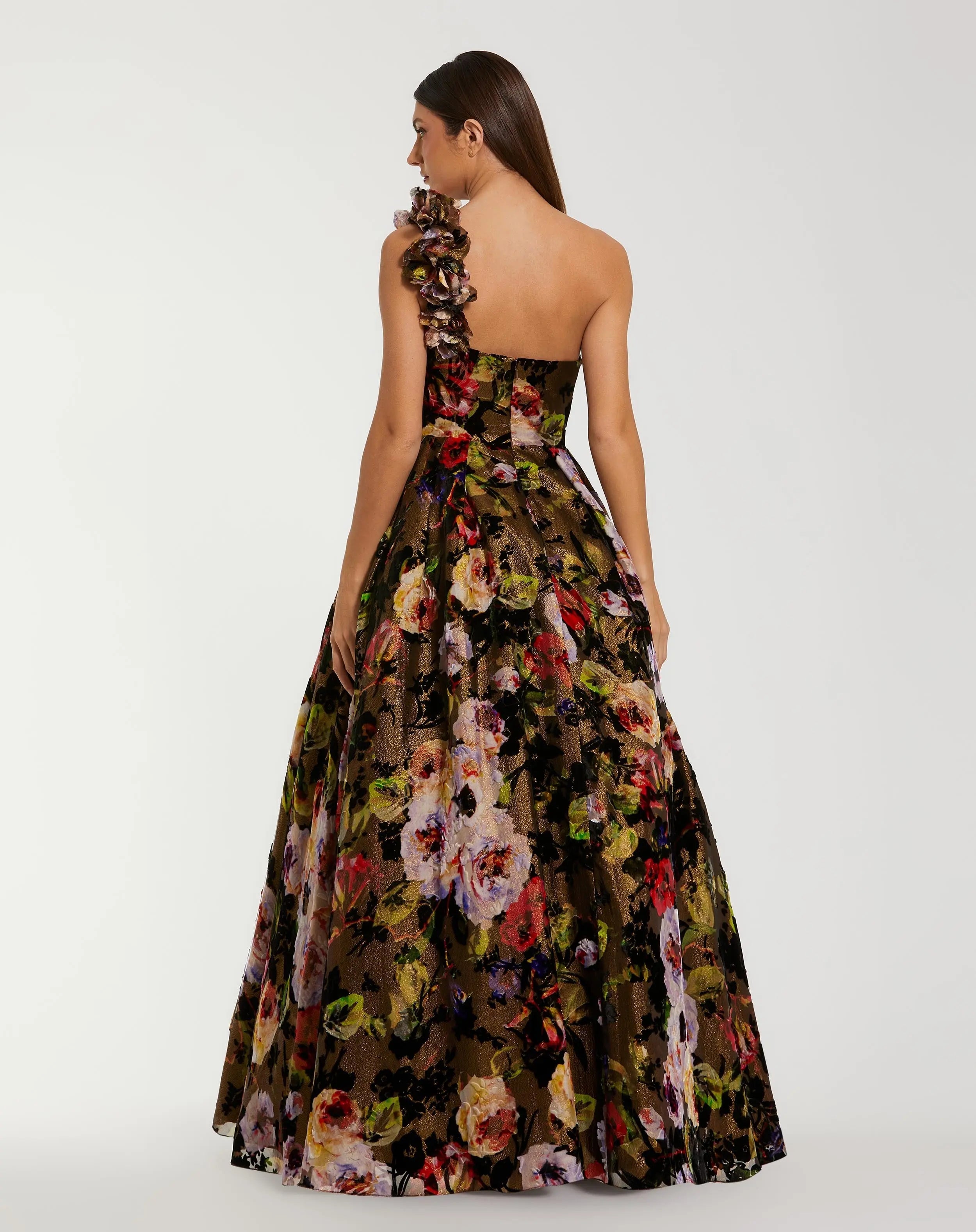 Multicolor One Shoulder Floral Velvet Ball Gown