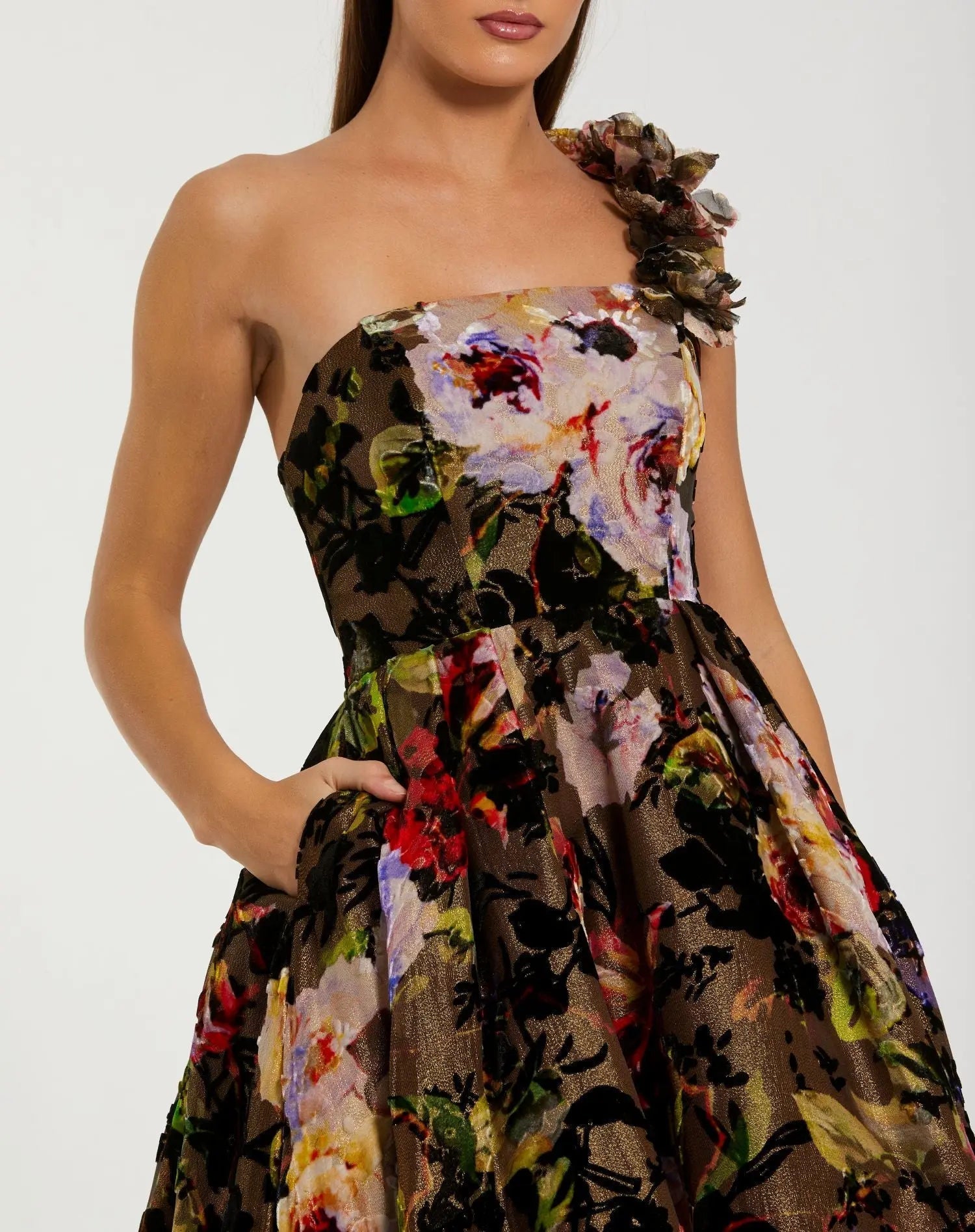 Multicolor One Shoulder Floral Velvet Ball Gown