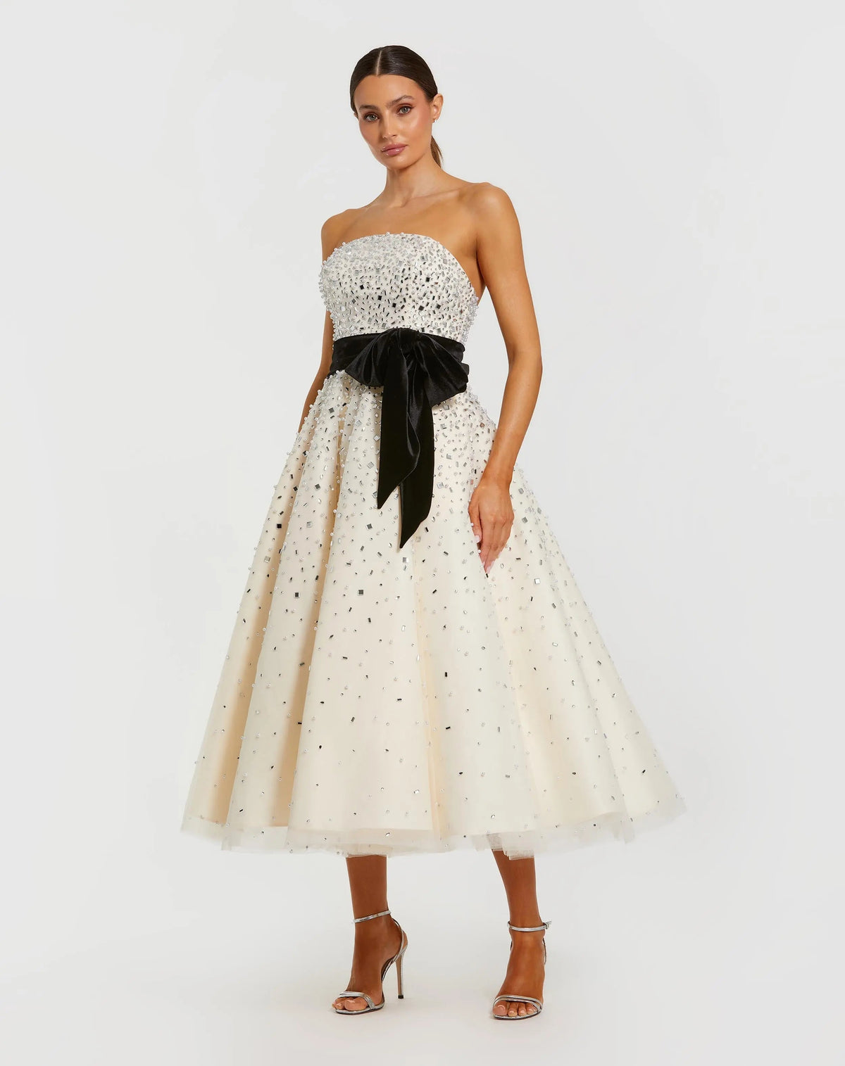 White Embellished Strapless Midi Dress with Velvet Bow