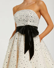 White Embellished Strapless Midi Dress with Velvet Bow