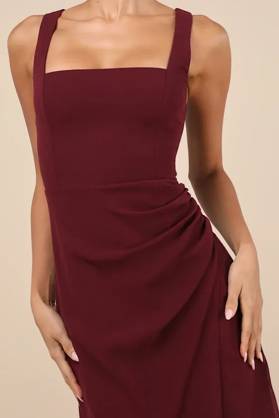 Burgundy Glamorous Disposition Rust Ruched Maxi Dress