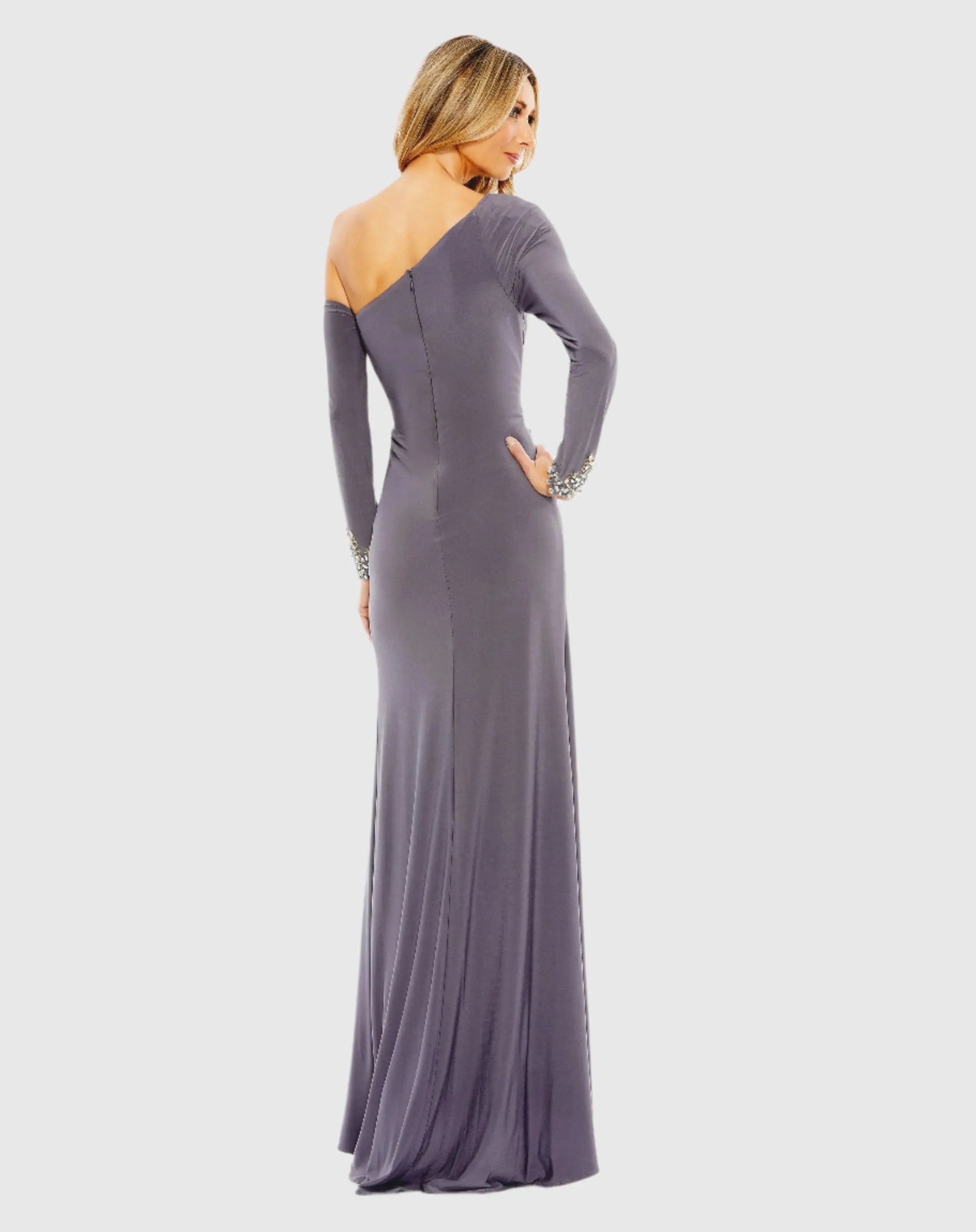 Gray Side Twist Drop Shoulder Beaded Cuff Gown