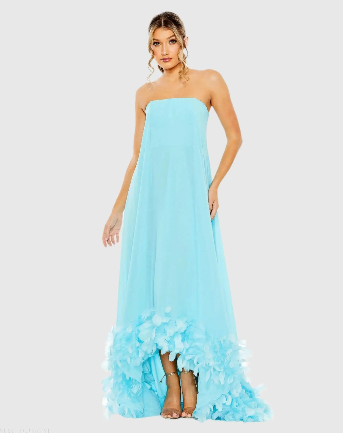 Blue Strapless Flare Feather Hem Gown