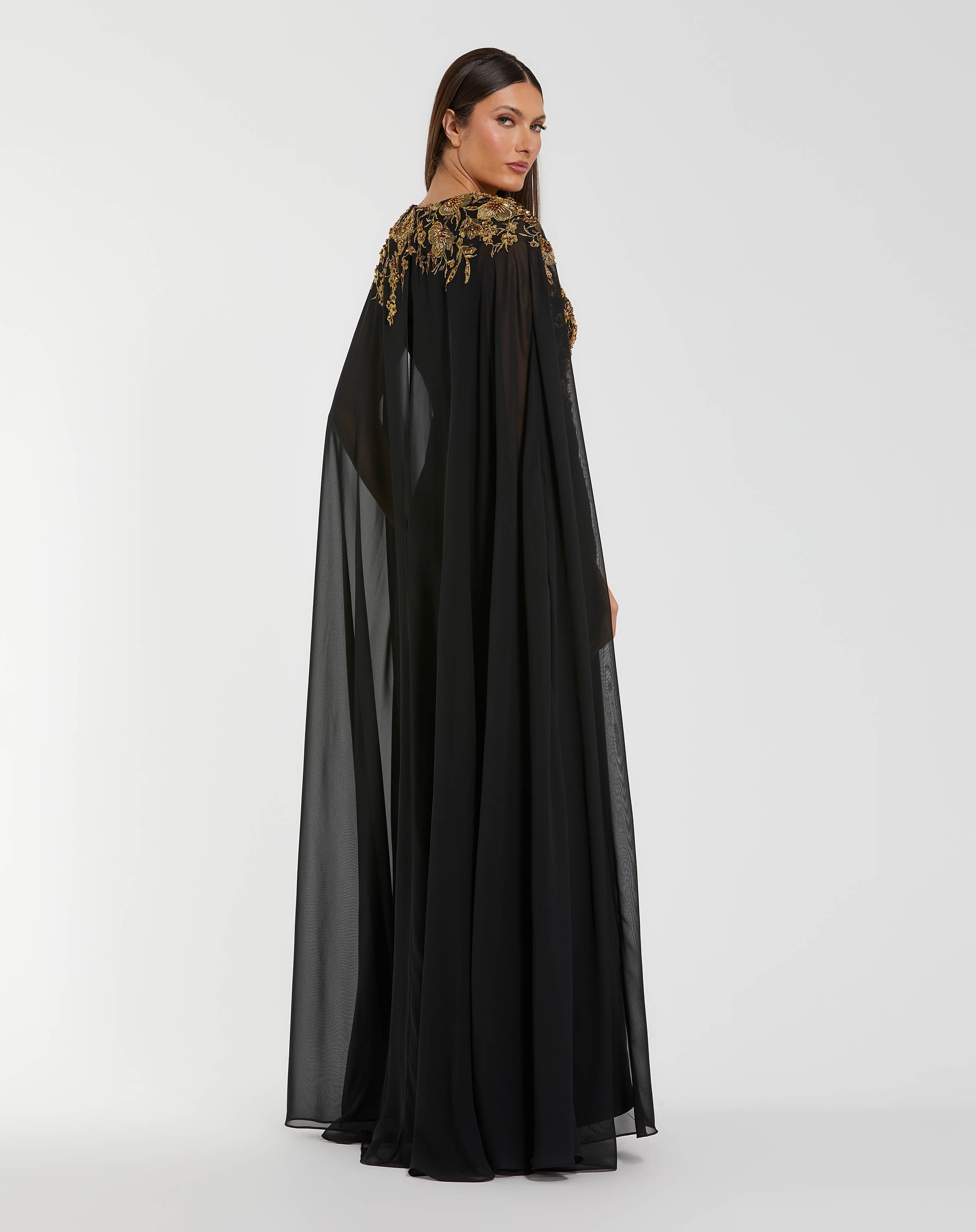 Black and Gold Embellished Column Gown with Chiffon Cape Sleeves