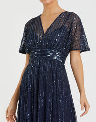 Navy Embellished Short Sleeve Empire Waist Dress