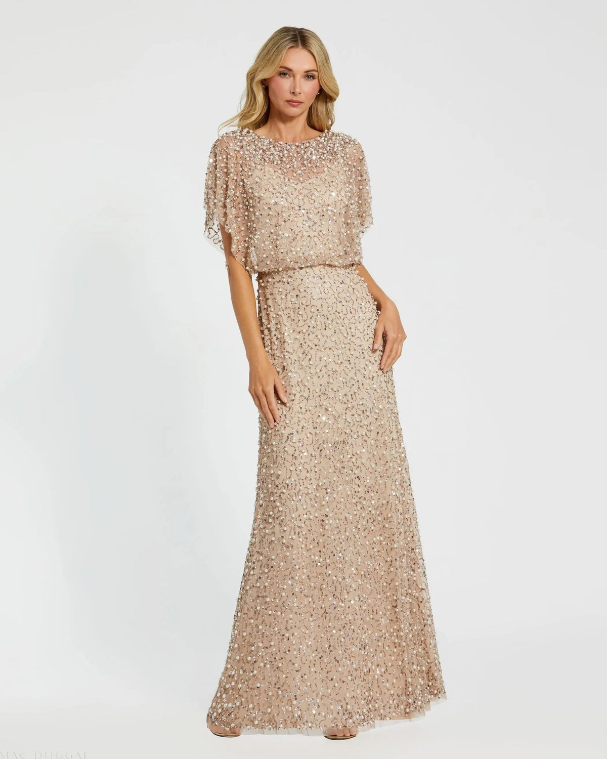 Beige Beaded Mesh Cape Gown