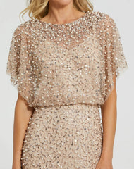 Beige Beaded Mesh Cape Gown