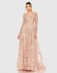 Pink Embellished Long Sleeve V Neck A Line Gown