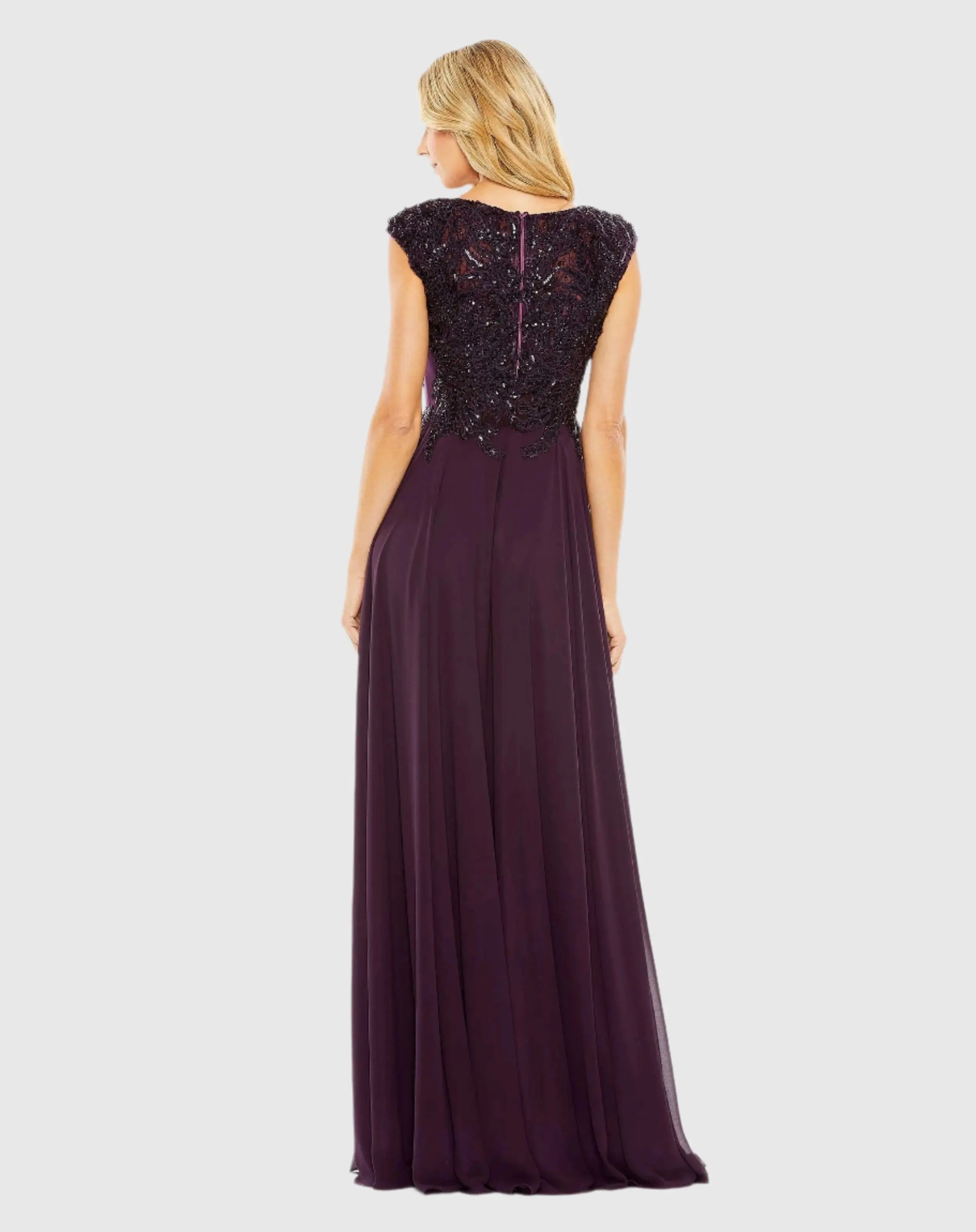 Purple Cap Sleeve Applique Bodice Flowy Gown