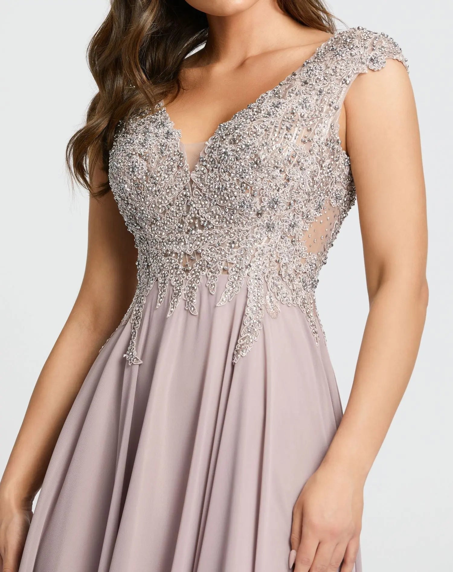 Light Purple Cap Sleeve Applique Bodice Flowy Gown
