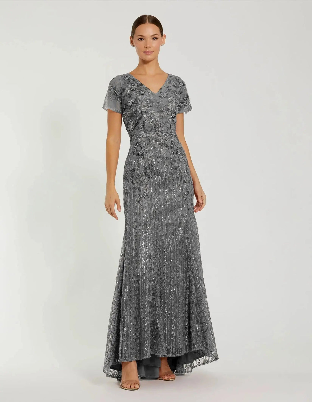 Gray Embellished V Neck Cap Sleeve Trumpet Gown - FINAL SALE