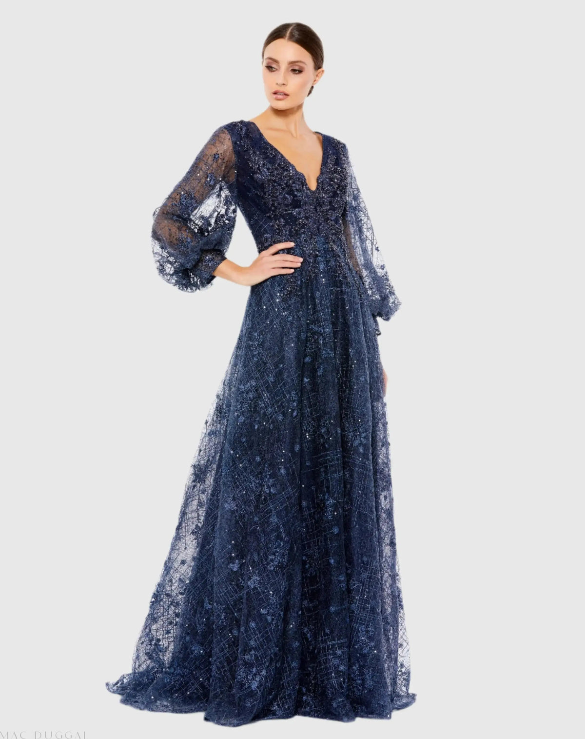 Blue Embellished Plunge Neck Puff Sleeve A Line Gown