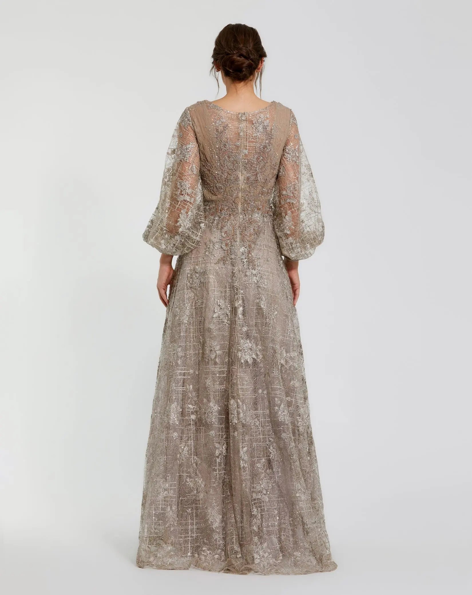 Beige Embellished Plunge Neck Puff Sleeve A Line Gown