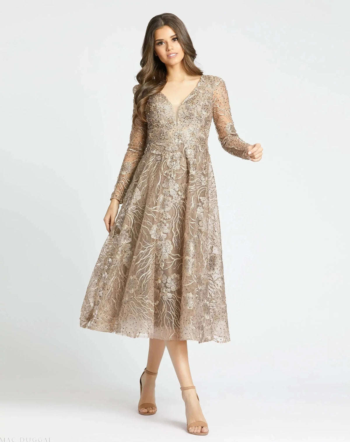Beige Embellished Plunge Neck Long Sleeve Midi Dress