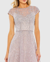 Purple Embellished High Neck Cap Sleeve A Line Dress