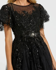 Black Embellished Flutter Sleeve Bow Waist A Line Dress