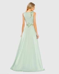 Green Floral Applique Sleeveless A Line Gown