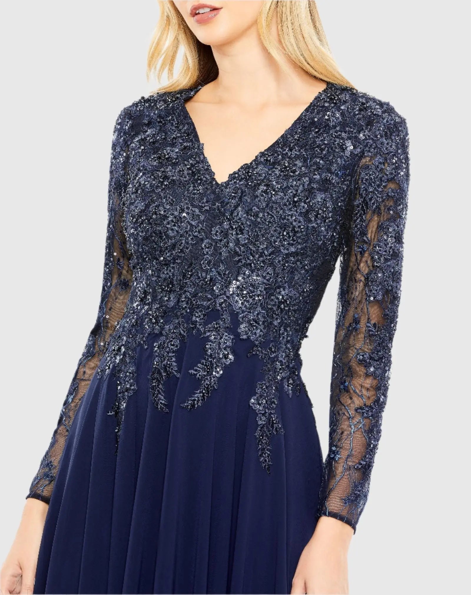 Navy Embellished Illusion V Neck Long Sleeve Gown