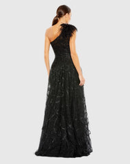 Black Embellished One Shoulder A Line Gown