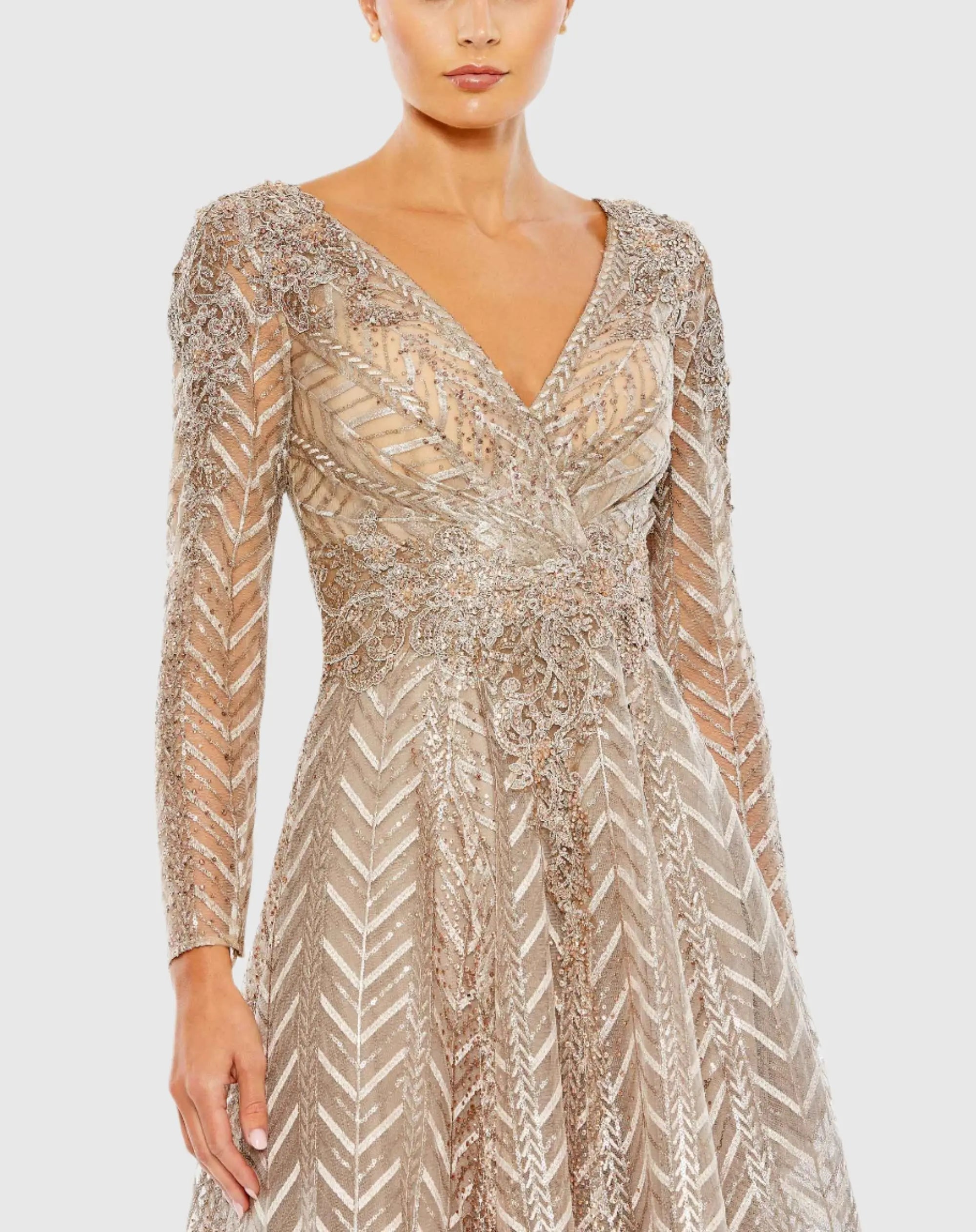 Beige Embellished Long Sleeve Wrap Over Dress