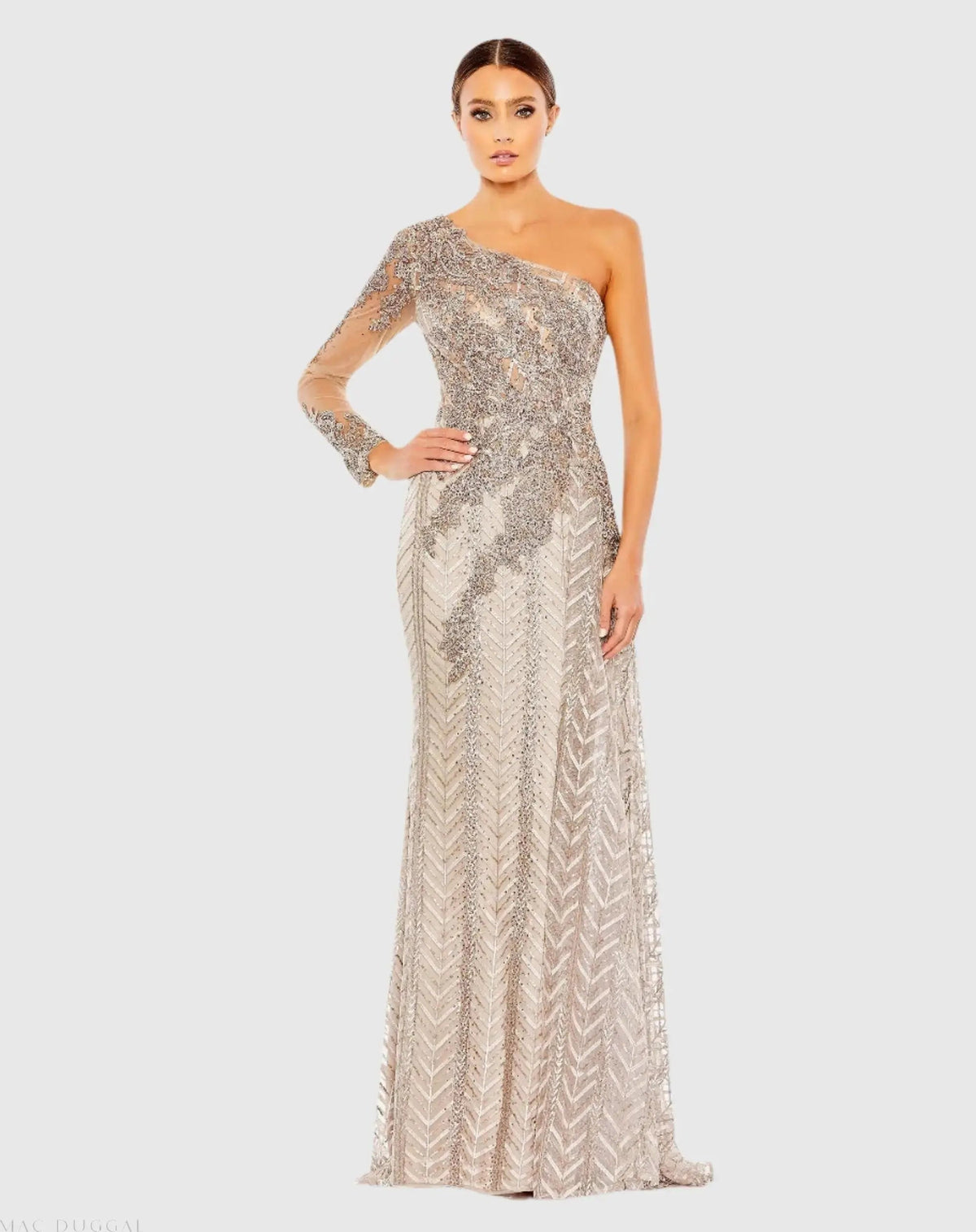 Beige Embellished One Shoulder A Line Gown