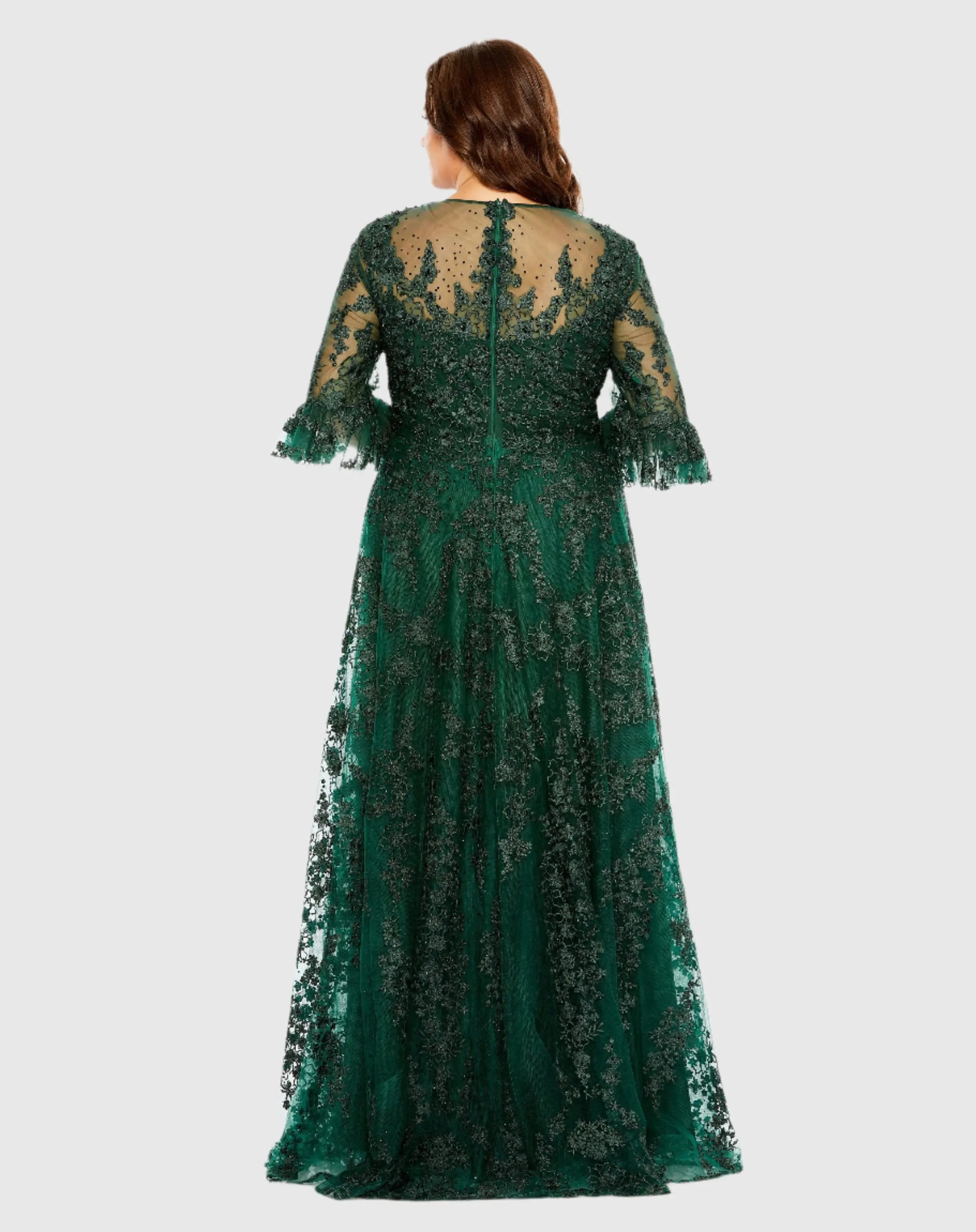 Green High Neck Flutter Sleeve Embroidered A Line Gown (Plus)