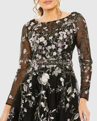 Black High Neck Long Sleeve Embroidered Dress