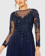Navy High Neck Long Sleeve Embellished A-line Gown