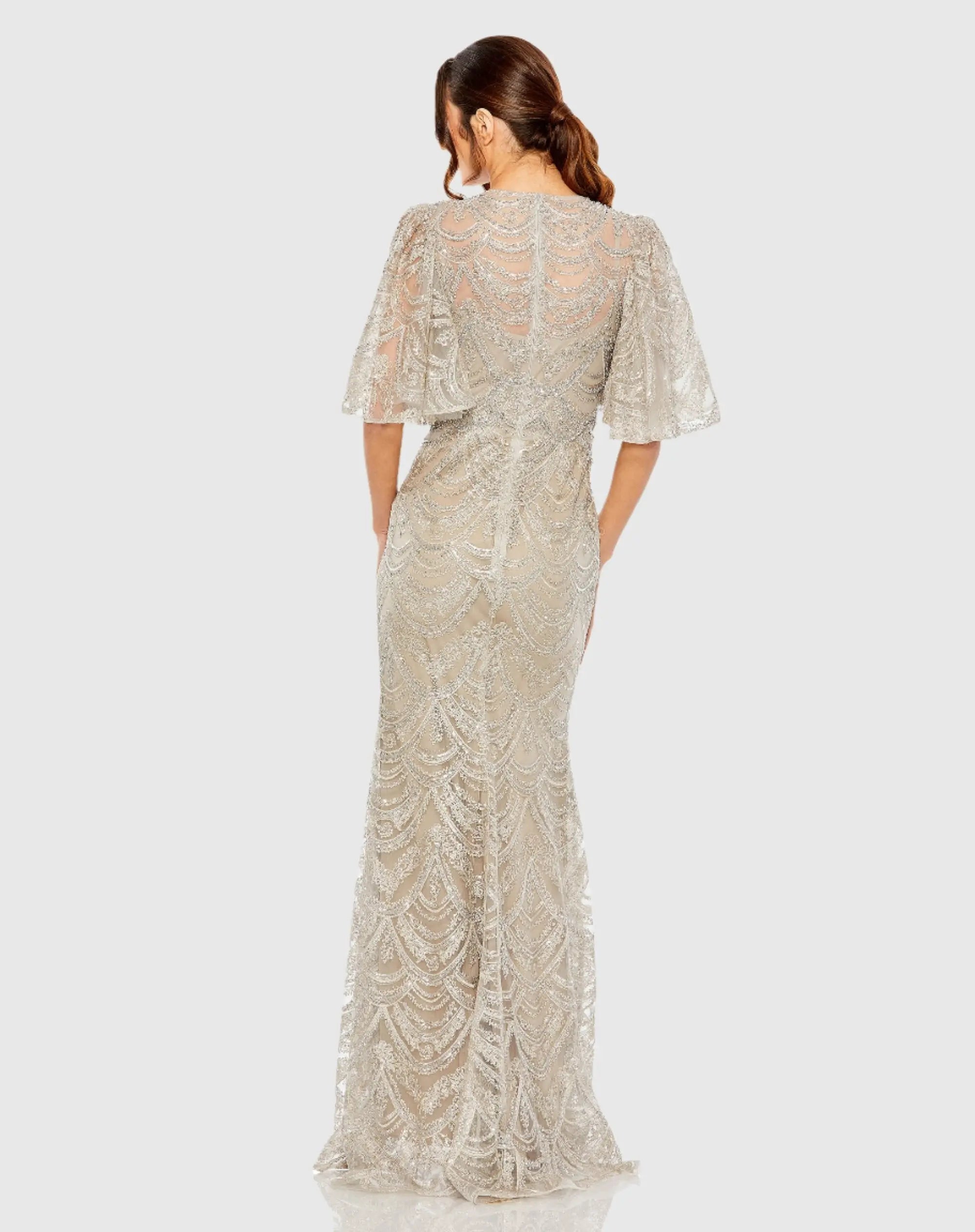 Beige and Silver Flutter Sleeve High Neck Gown