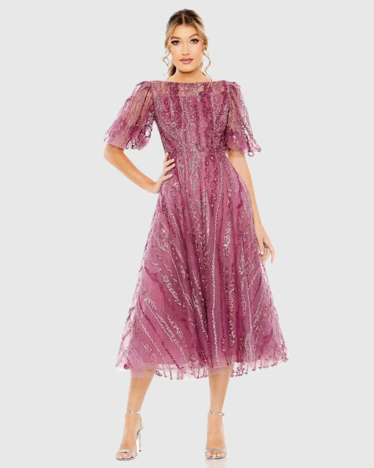 Purple High Neck Puff Sleeve Embellished A Line Dress