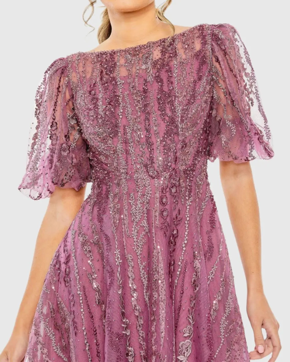 Purple High Neck Puff Sleeve Embellished A Line Dress
