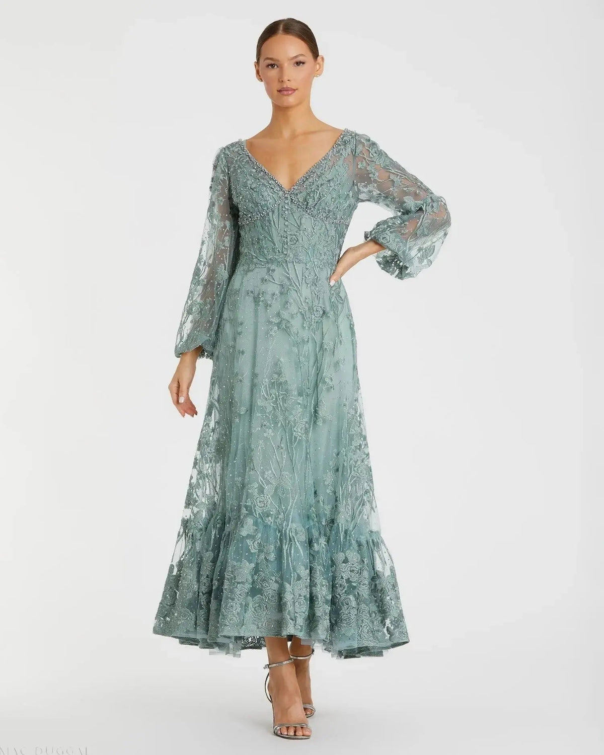 Green V-Neck Embroidered A-line Tea Length Dress