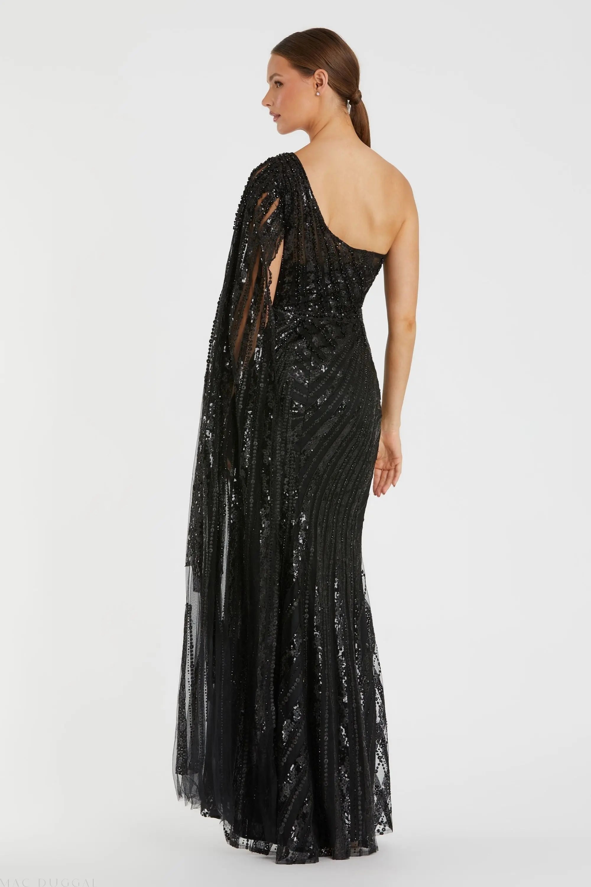 Black One Shoulder Cape Sleeve Embellished Gown