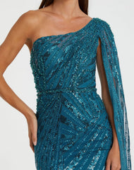 Blue One Shoulder Cape Sleeve Embellished Gown