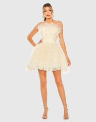 Beige Feathered Strapless Tulle Fit and Flare Dress - FINAL SALE