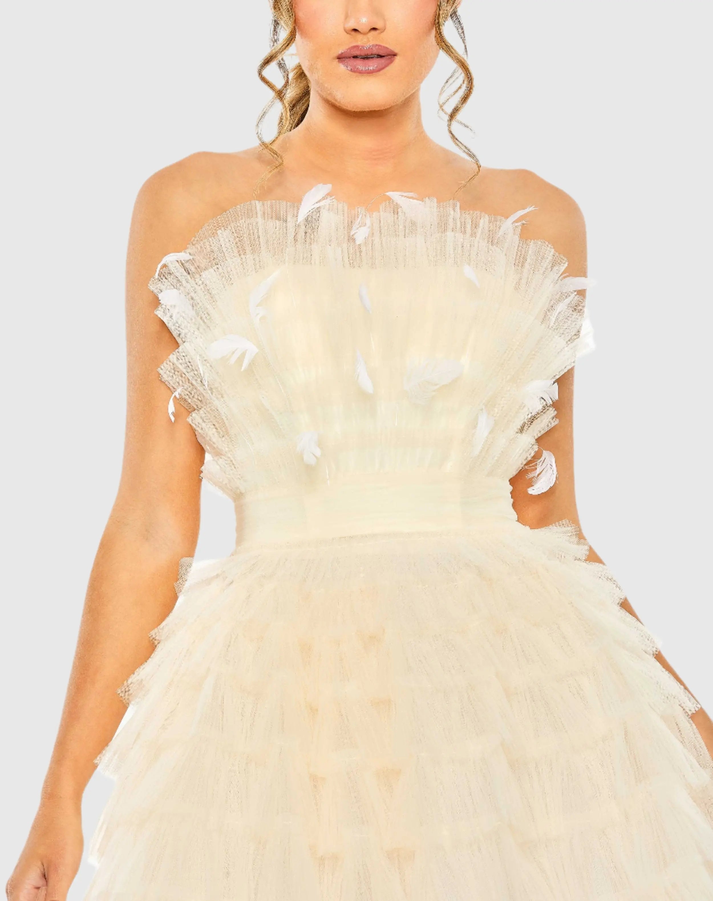 Beige Feathered Strapless Tulle Fit and Flare Dress - FINAL SALE